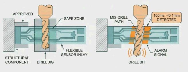 Sensor inlay detection diagram — safe zone vs mis-drill path